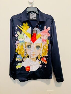 No Name - MEXICO Couture- Navy Satin Shirt with Vintage Anime Print
